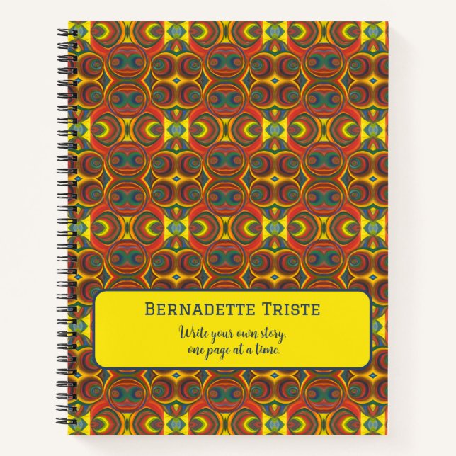 Add Name Red Yellow Orange Owl Inspired Pattern Notebook (Front)