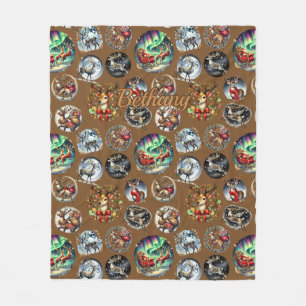 Add Name, Reindeer Christmas on Rich Brown Fleece Blanket