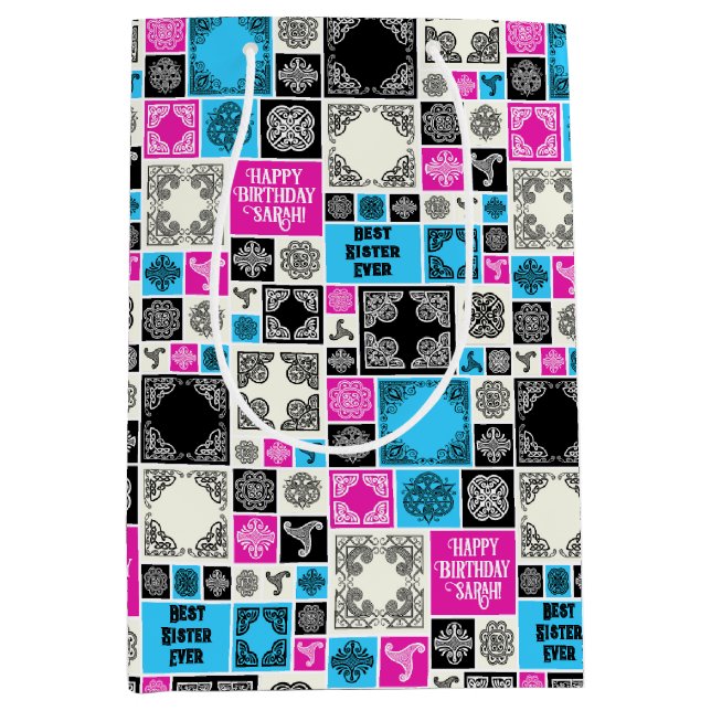 Add Name & Relationship Birthday Magenta & Blue Medium Gift Bag (Front)