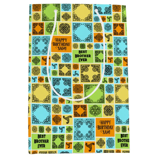 Add Name & Relationship Birthday Orange & Green Medium Gift Bag (Front)