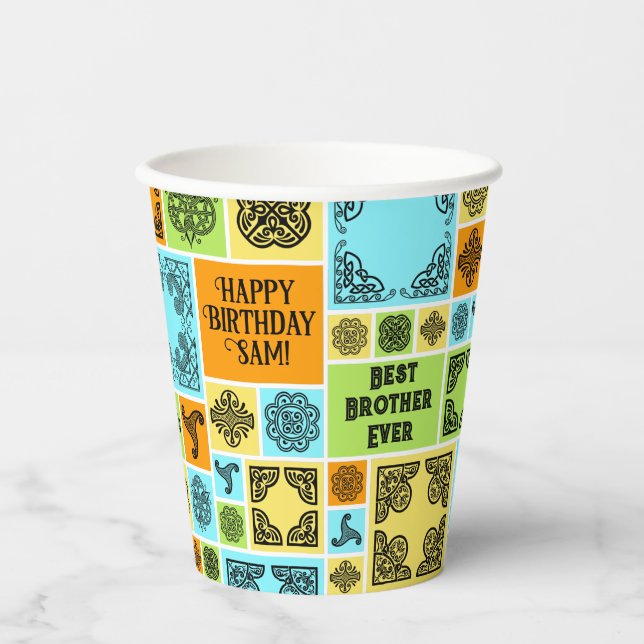 Add Name & Relationship Birthday Orange & Green Paper Cups (Front)