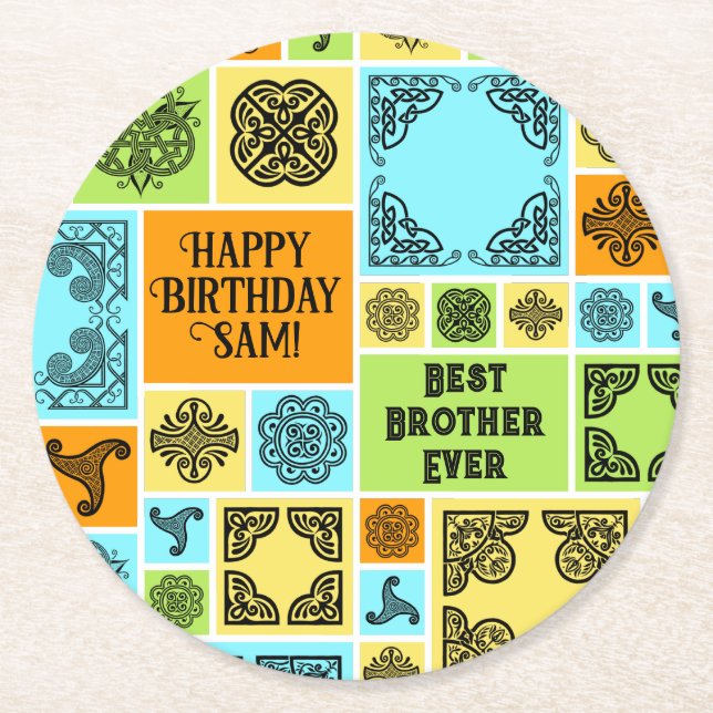 Add Name & Relationship Birthday Orange & Green Round Paper Coaster (Front)
