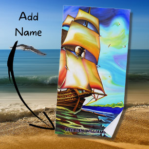 Add Name, Sailing Ship Beach Towel