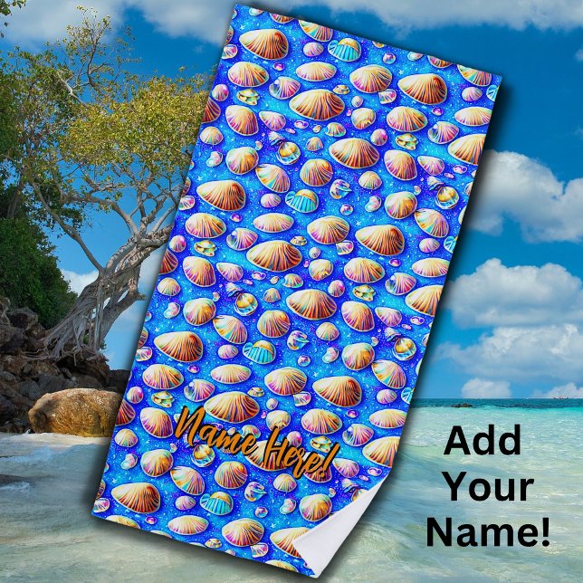 Add Name, Seashells on Blue  Beach Towel (Creator Uploaded)