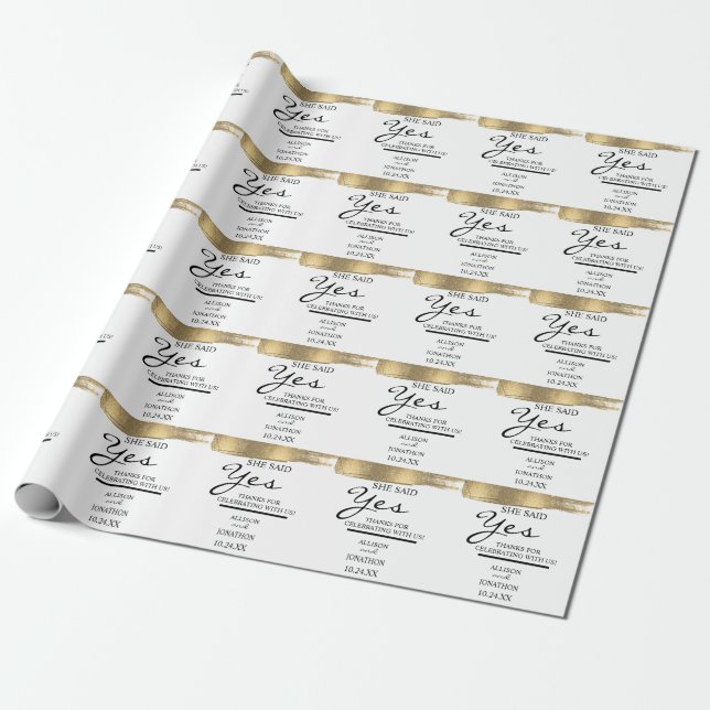 Add Name She Said Yes Gold Glitter Engagement Wrapping Paper (Unrolled)