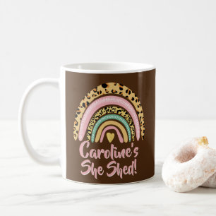 Add Name She Shed Leopard Print Pink Rainbow Heart Coffee Mug