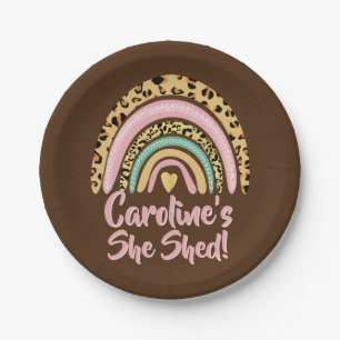 Add Name She Shed Leopard Print Pink Rainbow Heart Paper Plate