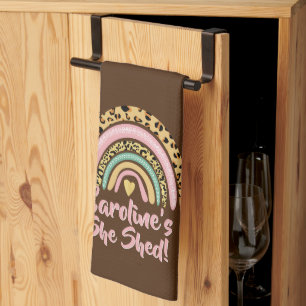 Add Name She Shed Leopard Print Pink Rainbow Heart Tea Towel