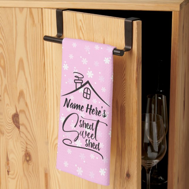 Add Name Shed Sweet Shed Pink White Floral         Tea Towel (Thirds Fold)