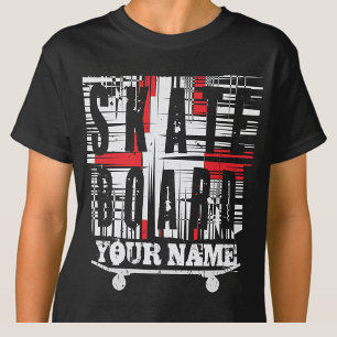Add Name Skateboard Distressed White on Black   T-Shirt