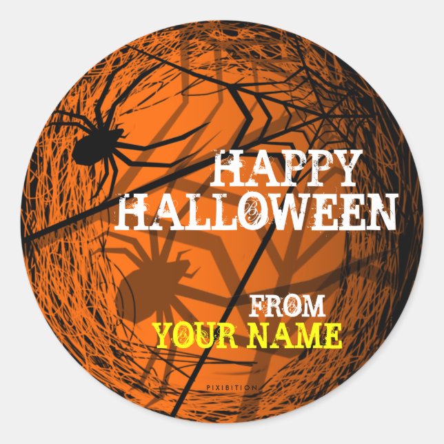 Add Name Spider Web Halloween Sticker Orange (Front)
