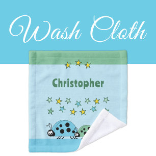 Add name stars ladybugs green blue kids wash cloth