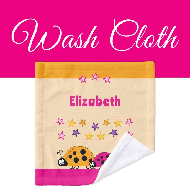 Add name stars ladybugs pink orange kids wash cloth (Creator Uploaded)
