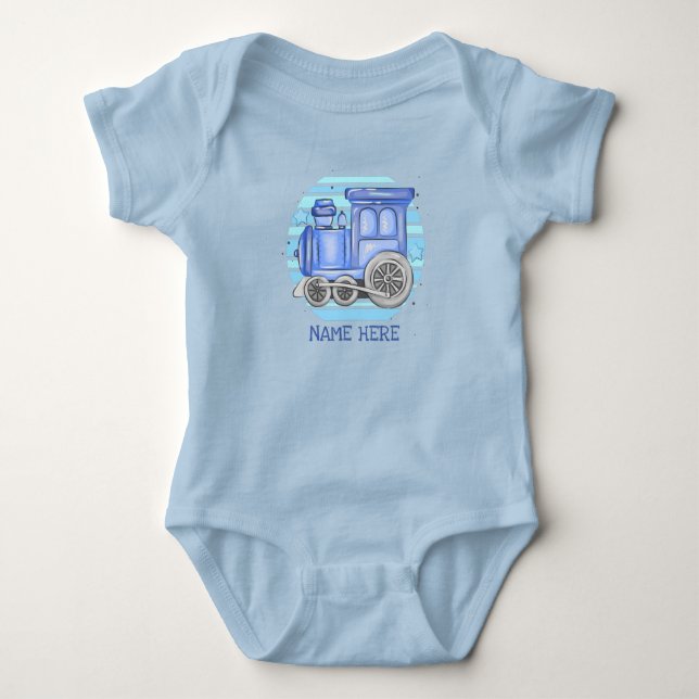 Add Name Steam Train Engine  Baby Blue    Bodysuit (Front)