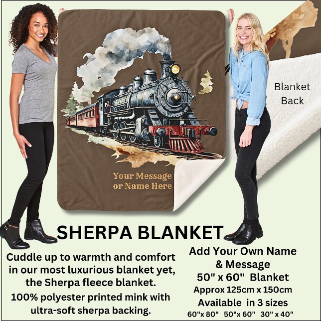 Add Name Steam Train Engine Fantasy Painting Sherpa Blanket (Creator Uploaded)