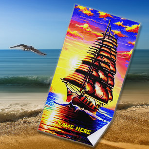 Add Name, Stylised Abstract Pirate Sailing Ship Beach Towel