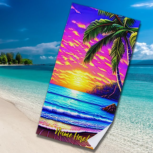 Add Name, Stylised Beach Sunset with Palm Tree     Towel (Creator Uploaded)