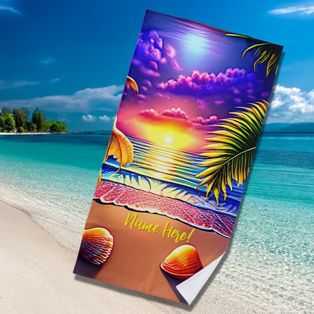 Add Name, Stylised Beach Sunset with Shells Towel (Creator Uploaded)