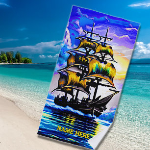 Add Name, Stylised Brown Pirate Sailing Ship Blue Beach Towel