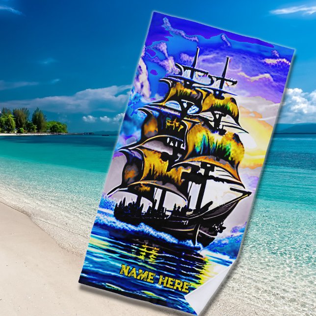 Add Name, Stylised Brown Pirate Sailing Ship Blue  Beach Towel (Creator Uploaded)