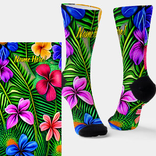 Add Name, Stylised Tropical Flowers & Leaves Socks