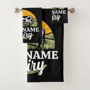 ADD NAME Sunset Dairy Farm Grazing Holstein Cow Bath Towel Set
