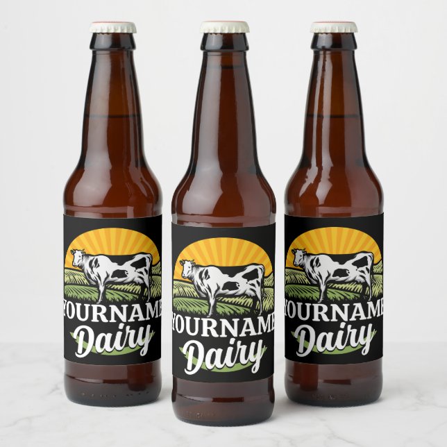 ADD NAME Sunset Dairy Farm Grazing Holstein Cow Beer Bottle Label (Bottles)