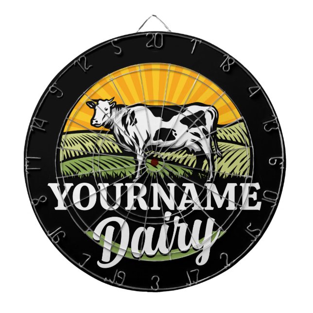 ADD NAME Sunset Dairy Farm Grazing Holstein Cow Dartboard (Front)