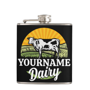 ADD NAME Sunset Dairy Farm Grazing Holstein Cow Hip Flask