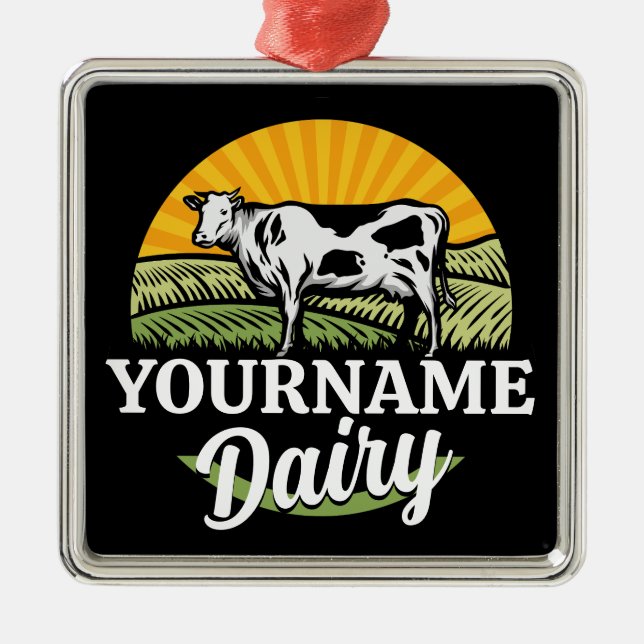 ADD NAME Sunset Dairy Farm Grazing Holstein Cow Metal Ornament (Front)