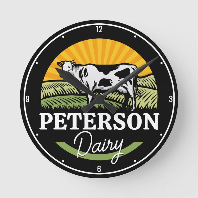 ADD NAME Sunset Dairy Farm Grazing Holstein Cow Round Clock (Front)