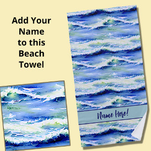 Add Name, Surf Waves Blue & White  Beach Towel