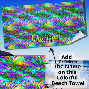 Add Name, Swirling Seaweed Green Yellow Aqua Beach Towel
