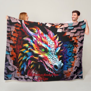 Add Name Text, 3D Rainbow Dragon Cracked Wall Fleece Blanket