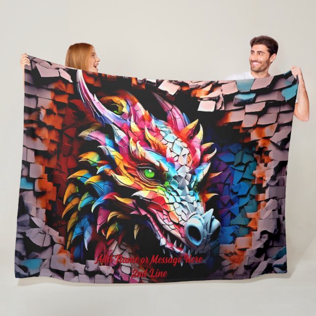 Add Name Text, 3D Rainbow Dragon Cracked Wall Fleece Blanket (In Situ)