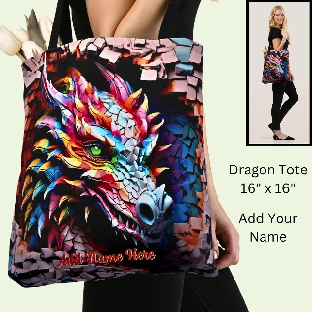 Add Name Text, 3D Rainbow Dragon Cracked Wall Tote Bag (Creator Uploaded)