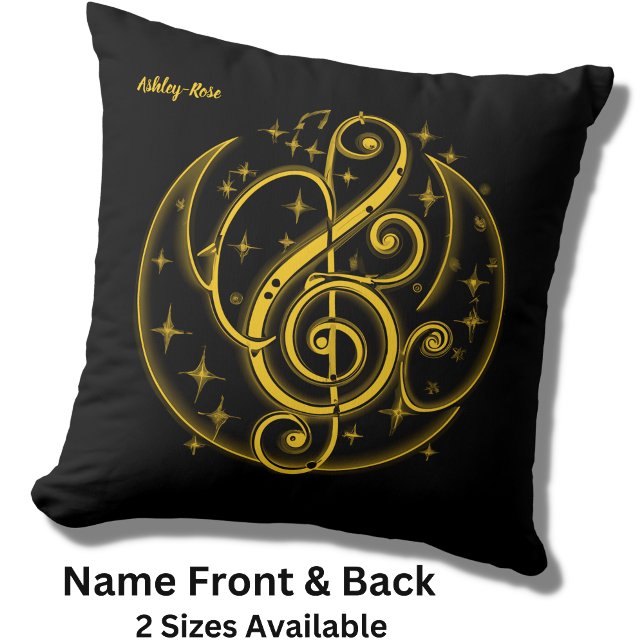 Add Name Text Abstract Golden Treble Clef on Black Cushion (Creator Uploaded)