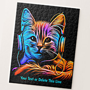 Add Name Text, Aqua Orange Neon Cat Headphones Jigsaw Puzzle