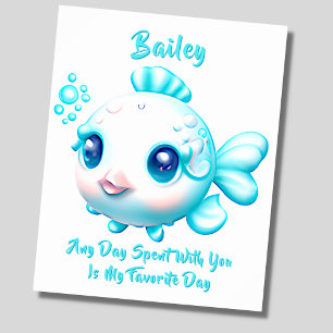 Add Name Text, Baby Aqua Blue Fish Nursery Poster
