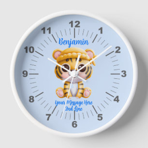 Add Name Text, Baby Tiger with Hat on Blue Clock