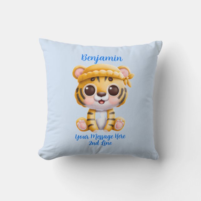 Add Name Text, Baby Tiger with Hat on Blue Cushion (Front)