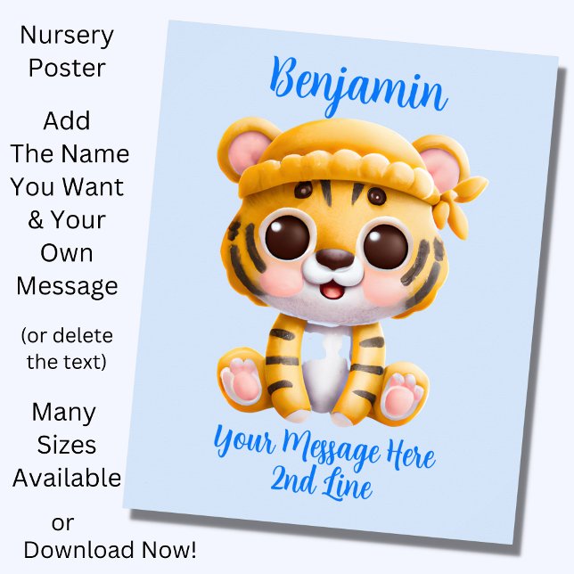 Add Name Text, Baby Tiger with Hat on Blue Poster (Creator Uploaded)