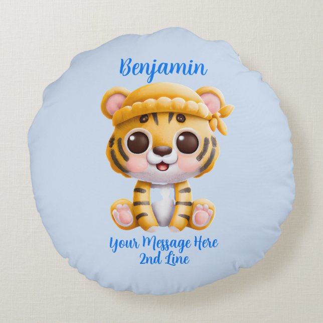 Add Name Text, Baby Tiger with Hat on Blue  Round Cushion (Back)