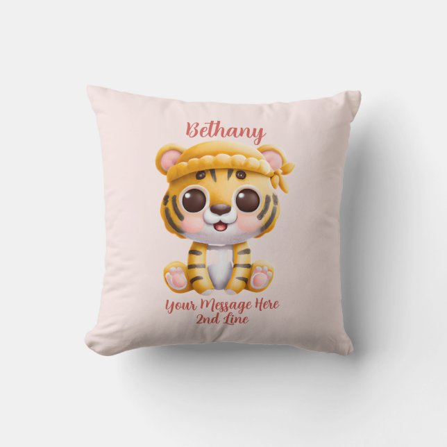 Add Name Text, Baby Tiger with Hat on Pink Baby  Cushion (Front)