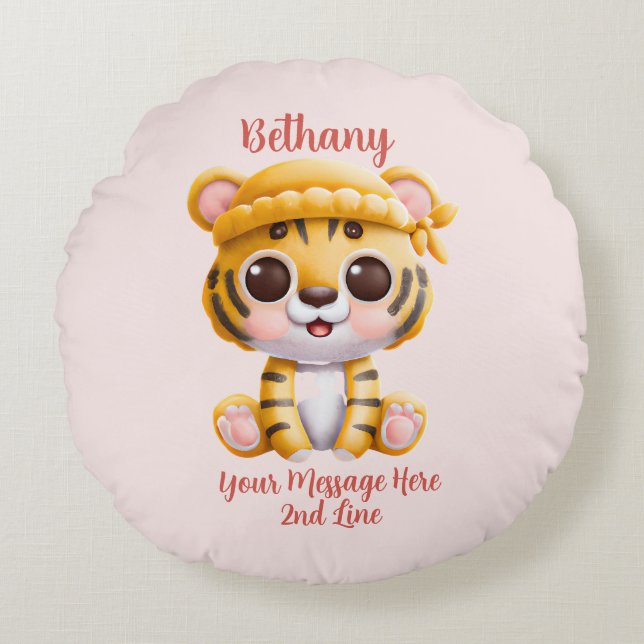 Add Name Text, Baby Tiger with Hat on Pink Baby  Round Cushion (Front)