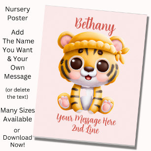 Add Name Text, Baby Tiger with Hat on Pink  Poster