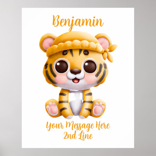 Add Name Text, Baby Tiger with Hat on White Poster (Front)