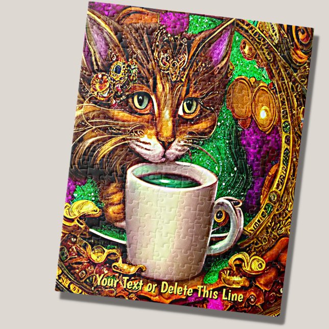 Add Name Text, Bejewelled Cat with White Mug Jigsaw Puzzle (Creator Uploaded)