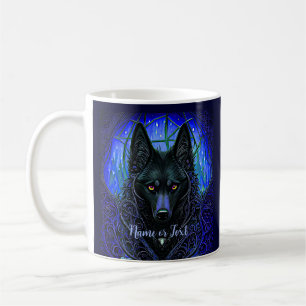 Add Name Text, Black Wolf Dog on Blue Coffee Mug