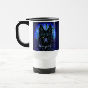 Add Name Text, Black Wolf Dog on Blue    Travel Mug